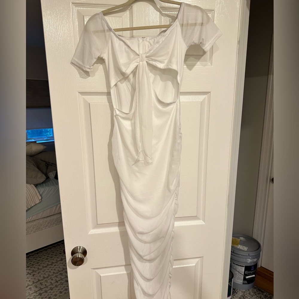 White Off Shoulder Ruched Bodycon Short Sleeve Maternity Midi Dress